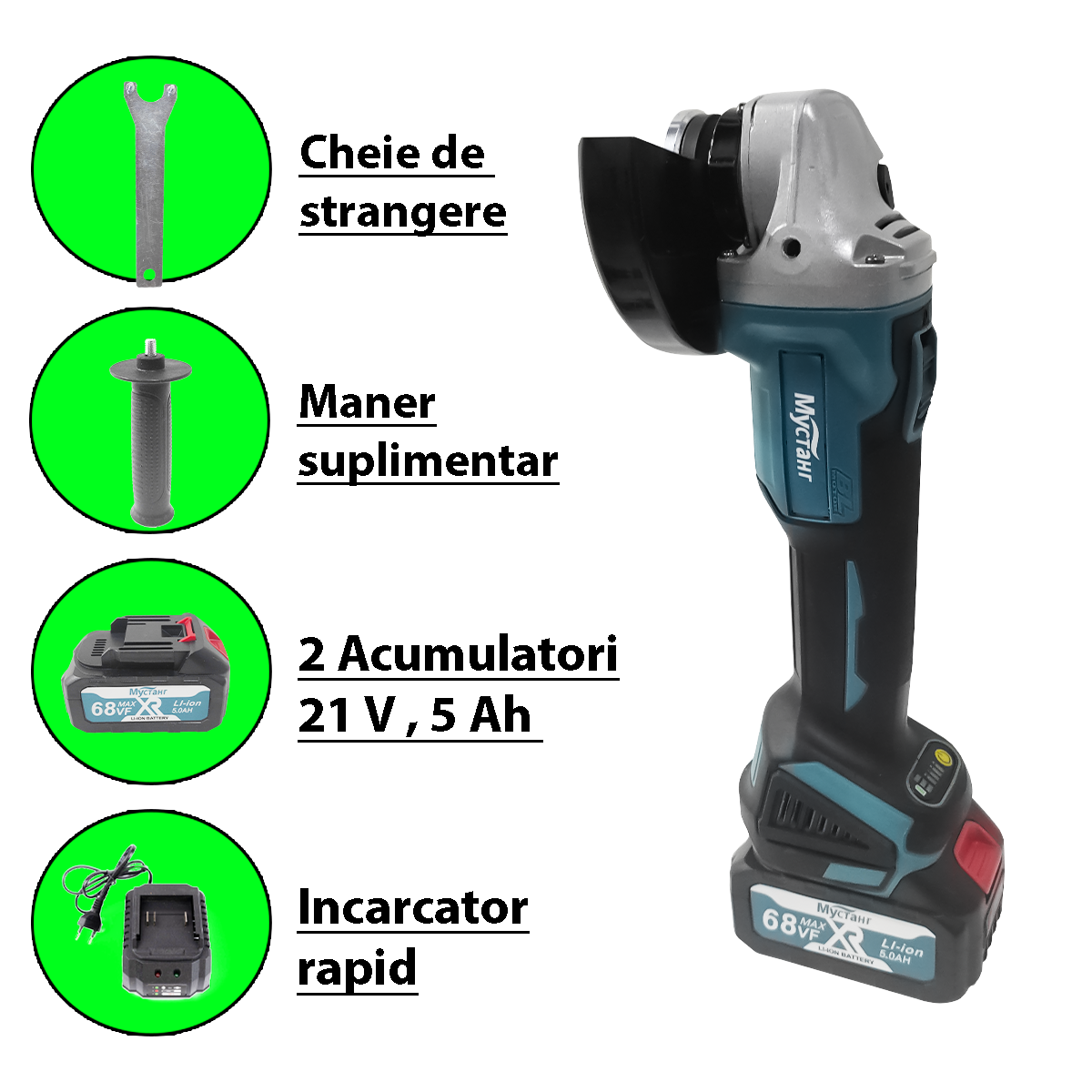 Polizor unghiular cu 2 acumulatori, Mustang, 48 V, 5 Ah, Diametru disc 125 mm, 9000 Rpm 8001V 2 MTXValve Polizor unghiular cu 2 acumulatori, Mustang, 48 V, 5 Ah, Diametru disc 125 mm, 9000 Rpm 8001V