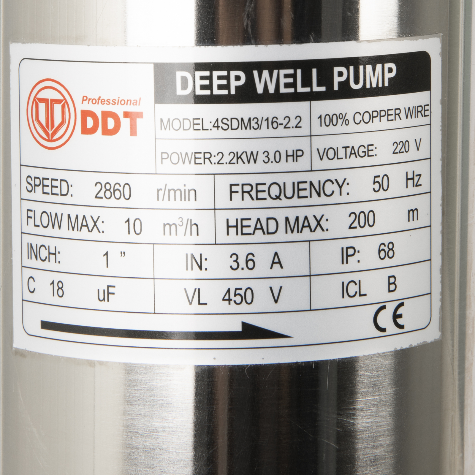 Pompa submersibila de mare adancime, DDT 16 turbine 4SDM3-16, 2200 W, 200 m inaltime, 10 mc/h, 1.25", 30 m cablu DDT-0006 3 MTXValve Pompa submersibila de mare adancime, DDT 16 turbine 4SDM3-16, 2200 W, 200 m inaltime, 10 mc/h, 1.25", 30 m cablu DDT-0006