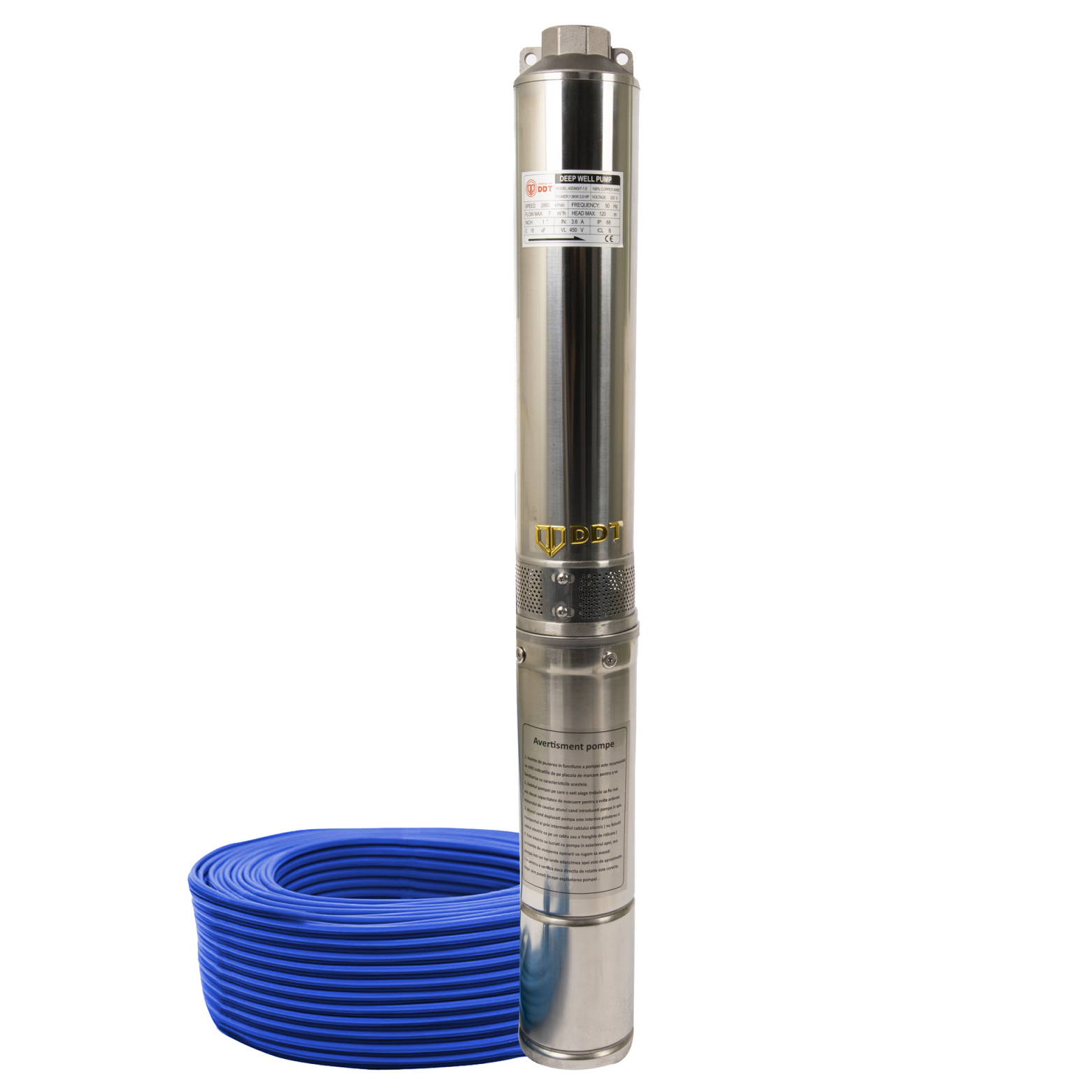 Pompa submersibila de mare adancime 7 turbine DDT PROFESSIONAL, 4SDM3-7, 1500 W, 120 m inaltime, 7 mc/h, 1.25", 30 m cablu, DDT-0004 2 MTXValve Pompa submersibila de mare adancime 7 turbine DDT PROFESSIONAL, 4SDM3-7, 1500 W, 120 m inaltime, 7 mc/h, 1.25", 30 m cablu, DDT-0004