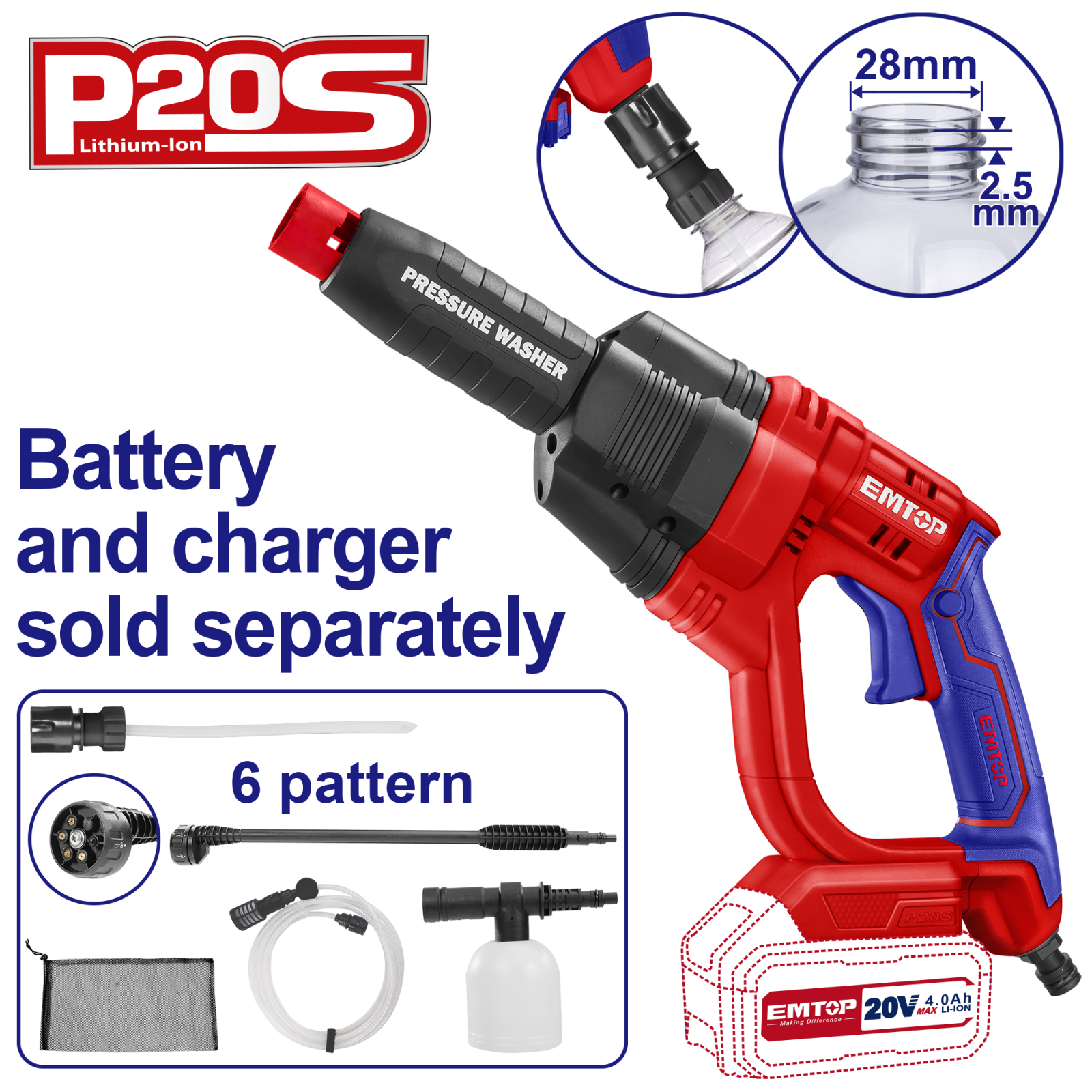 Aparat de spalat cu presiune fara incarcator si acumulator, 24 bari, 6 capete, geanta inclusa, EMTOP ELPW2025012 1 MTXValve Aparat de spalat cu presiune fara incarcator si acumulator, 24 bari, 6 capete, geanta inclusa, EMTOP ELPW2025012