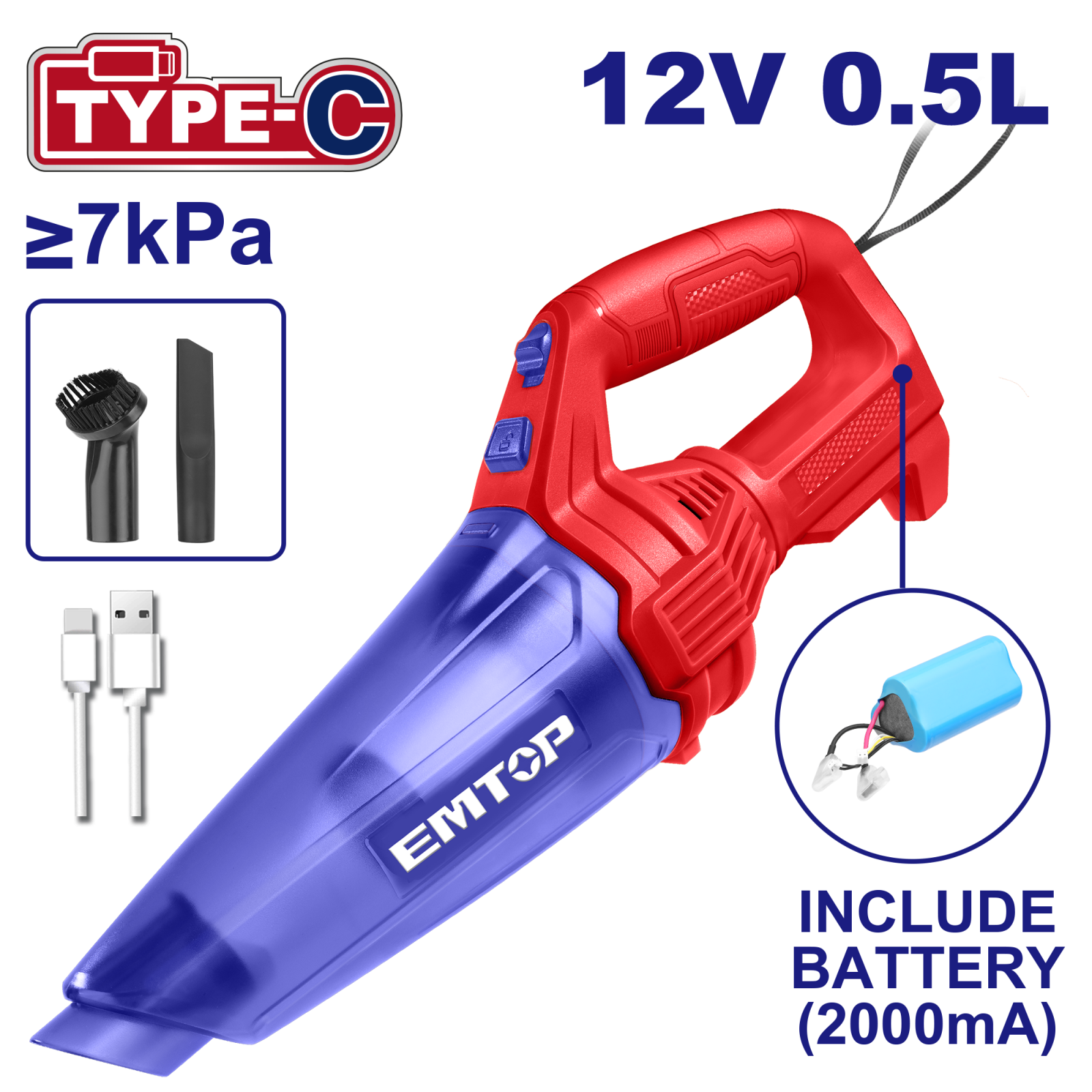 Aspirator portabil cu baterie 2000mA, incarcare prin cablu tip C, EMTOP ELVC2026 1 MTXValve Aspirator portabil cu baterie 2000mA, incarcare prin cablu tip C, EMTOP ELVC2026