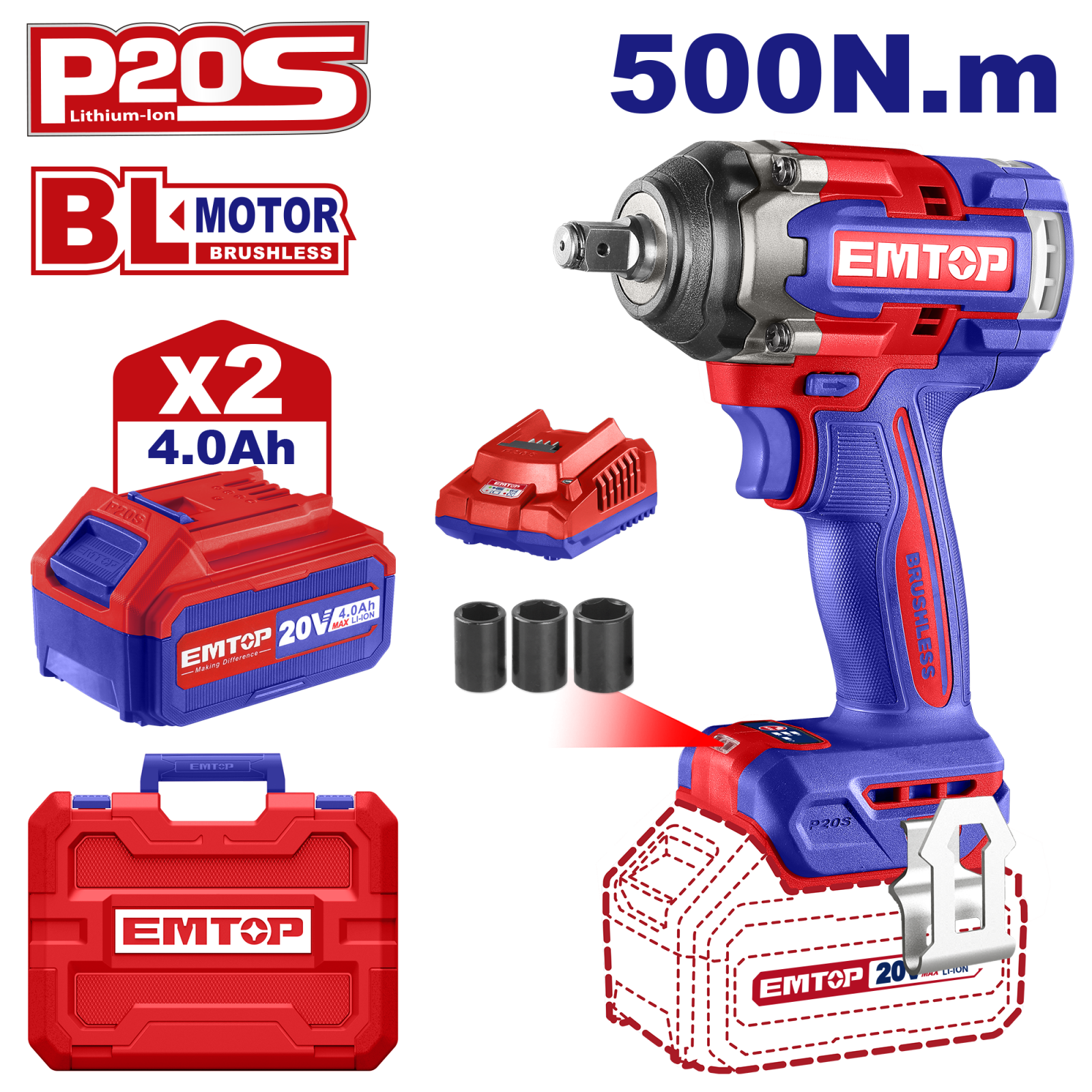 Bormasina de impact si insurubat cu 2 acumulatori 4.0Ah, motor fara perii (brushless), 500 Nm, 1/2", 3 capete 21, 22, 24mm, EMTOP ECiWL2050 1 MTXValve Bormasina de impact si insurubat cu 2 acumulatori 4.0Ah, motor fara perii (brushless), 500 Nm, 1/2", 3 capete 21, 22, 24mm, EMTOP ECiWL2050