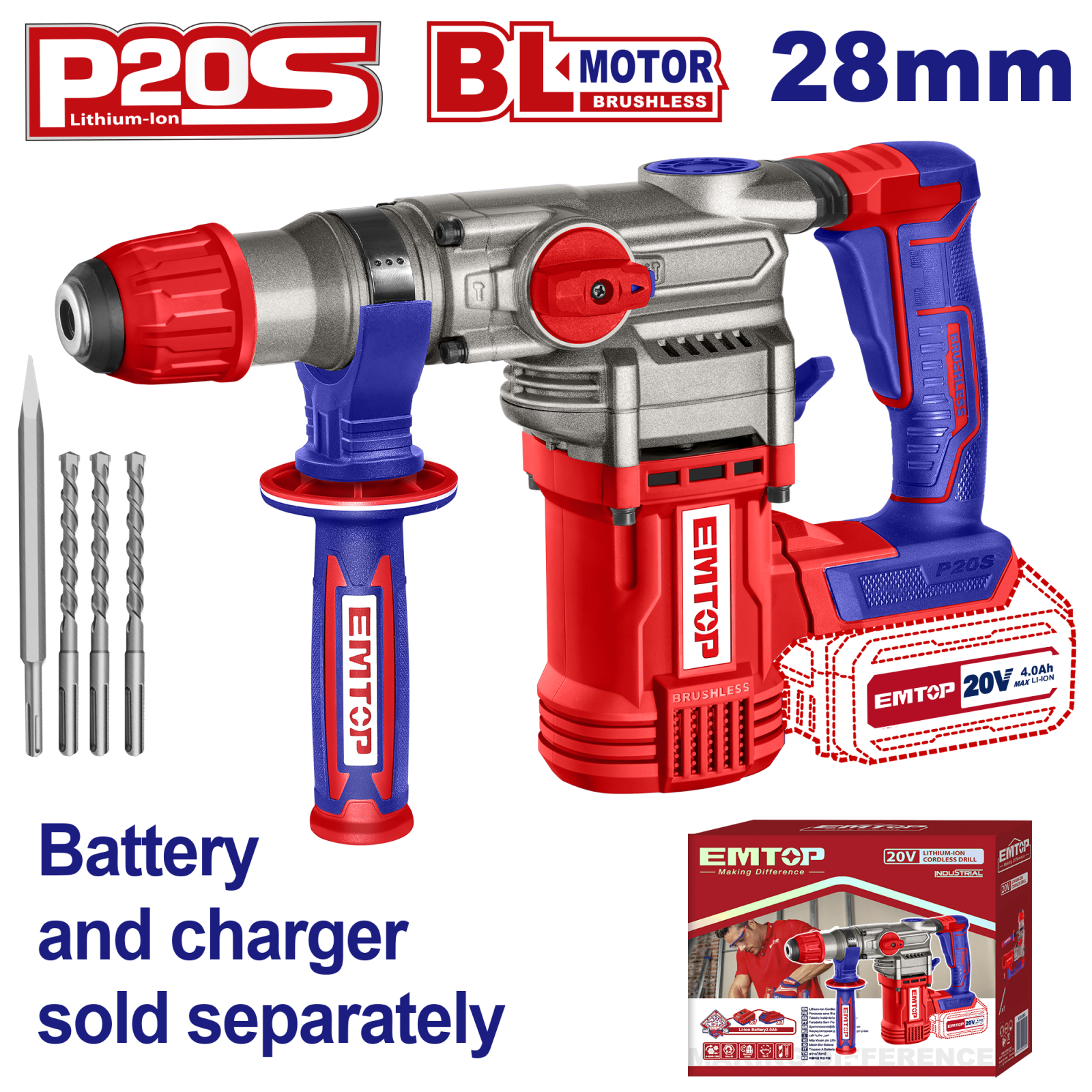 Ciocan rotopercutor fara acumulator si incarcator, 28mm, 4 accesorii, EMTOP ELRH20288 1 MTXValve Ciocan rotopercutor fara acumulator si incarcator, 28mm, 4 accesorii, EMTOP ELRH20288