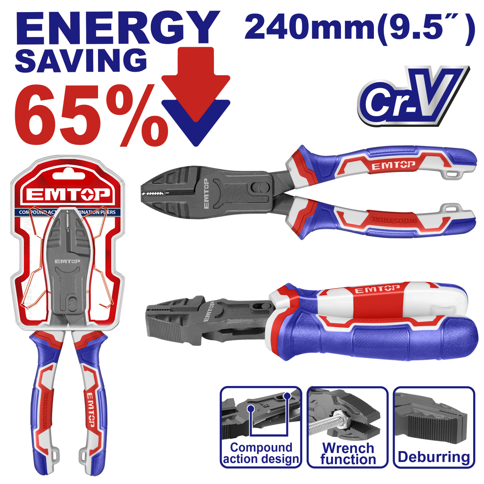 Cleste combinat cu actiune compusa 240mm (9.5"), 65% economie de energie, EMTOP EPLRCC0951 1 MTXValve Cleste combinat cu actiune compusa 240mm (9.5"), 65% economie de energie, EMTOP EPLRCC0951