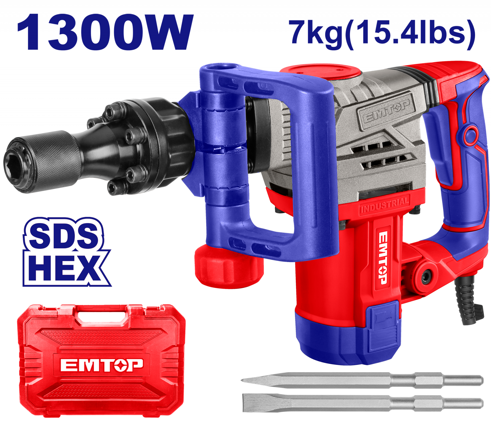 Ciocan demolator HEX, 1300W, 20J, 2 dalti, 7kg, ambalat in cutie de transport, EMTOP EDBRH1301 1 MTXValve Ciocan demolator HEX, 1300W, 20J, 2 dalti, 7kg, ambalat in cutie de transport, EMTOP EDBRH1301