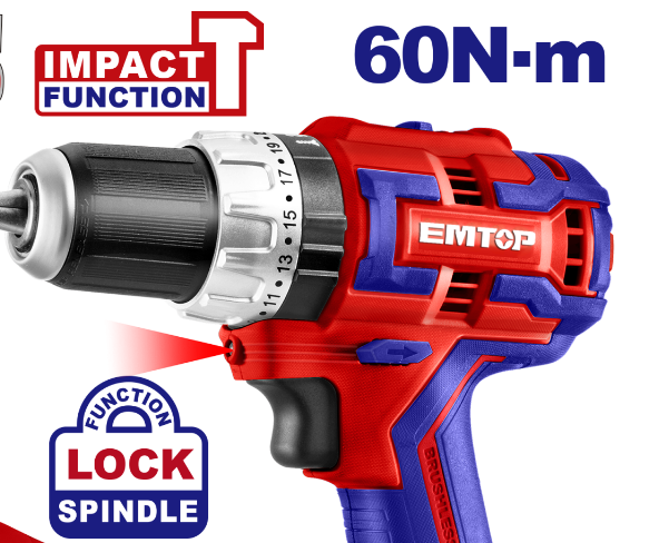 Masina de gaurit cu impact cu 2 acumulatori, 60Nm, motor fara perii, compacta, EMTOP ECiDL20602 2 MTXValve Masina de gaurit cu impact cu 2 acumulatori, 60Nm, motor fara perii, compacta, EMTOP ECiDL20602