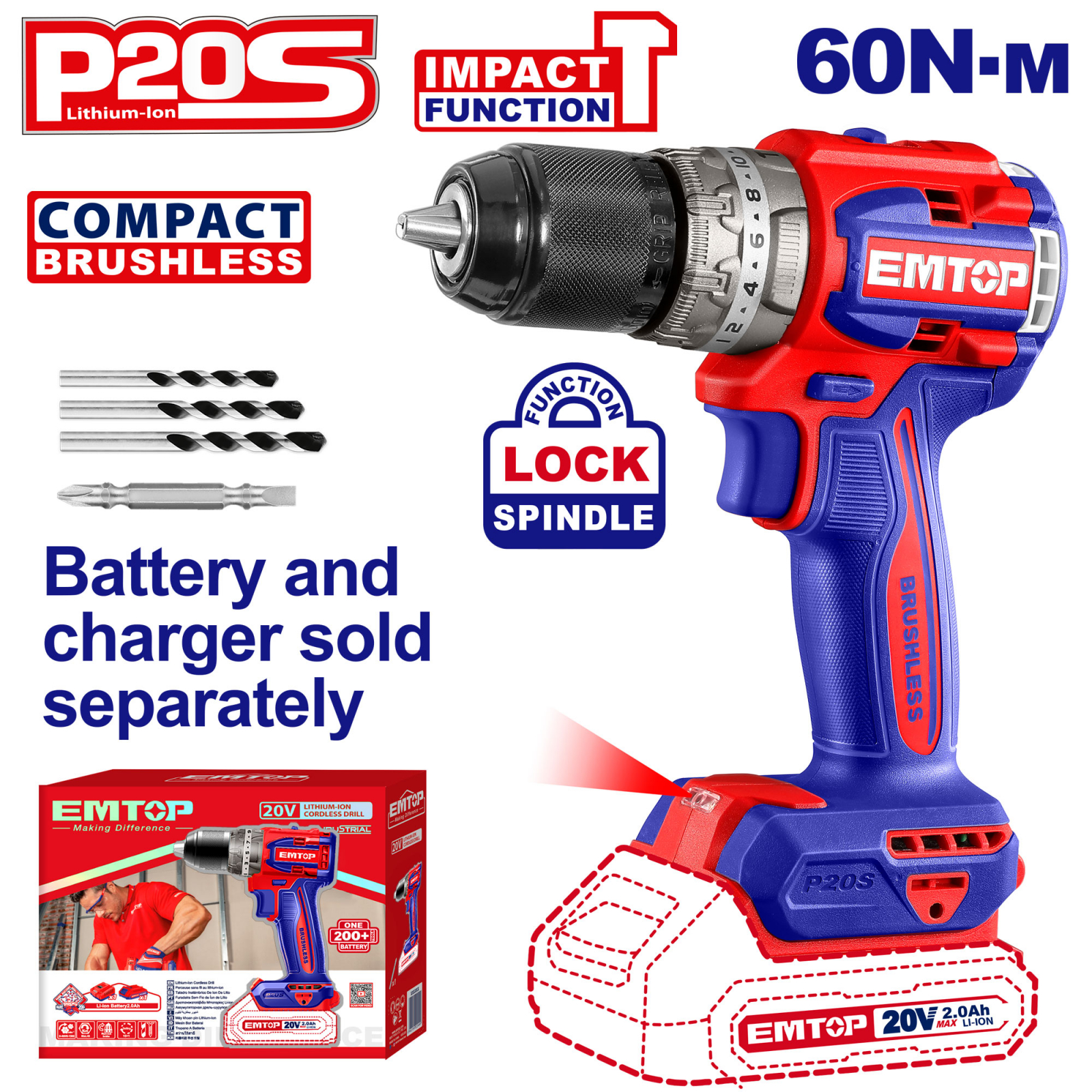 Masina de gaurit cu impact electrica, motor fara perii (brushless), 60Nm, EMTOP ECiDL206021 1 MTXValve Masina de gaurit cu impact electrica, motor fara perii (brushless), 60Nm, EMTOP ECiDL206021