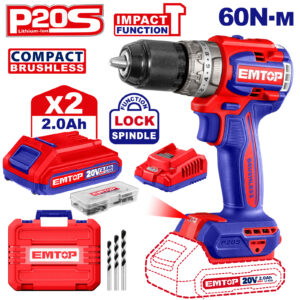 Masina de gaurit cu impact cu 2 acumulatori, 60Nm, motor fara perii, compacta, EMTOP ECiDL20602