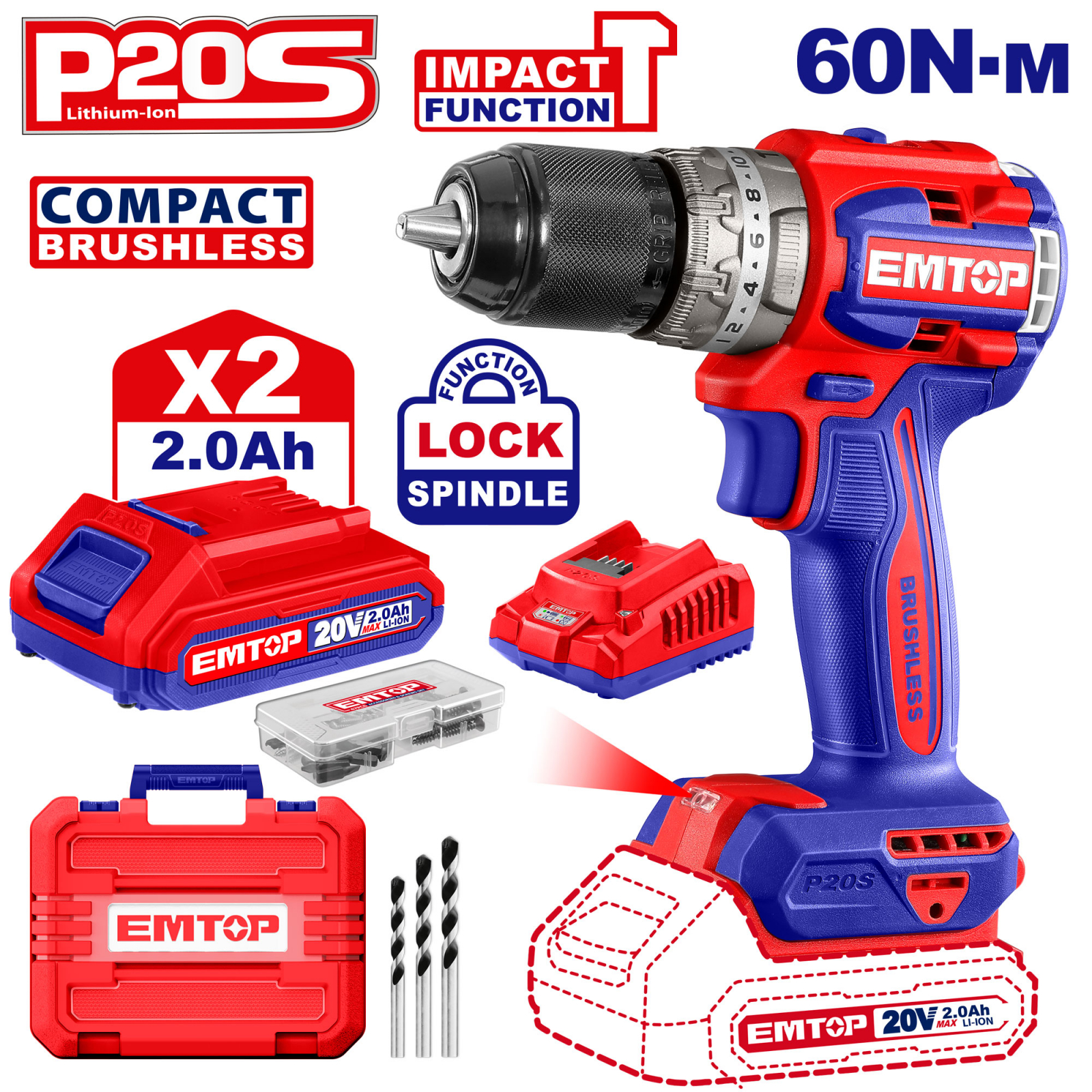 Masina de gaurit cu impact cu 2 acumulatori, 60Nm, motor fara perii, compacta, EMTOP ECiDL20602 1 MTXValve Masina de gaurit cu impact cu 2 acumulatori, 60Nm, motor fara perii, compacta, EMTOP ECiDL20602