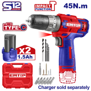 Masina de gaurit si insurubat cu impact, cu 2 baterii 1.5Ah, incarcare prin cablu tip C, 45Nm, 50 accesorii, cutie de transport, fara incarcator, EMTOP ECiDL12620