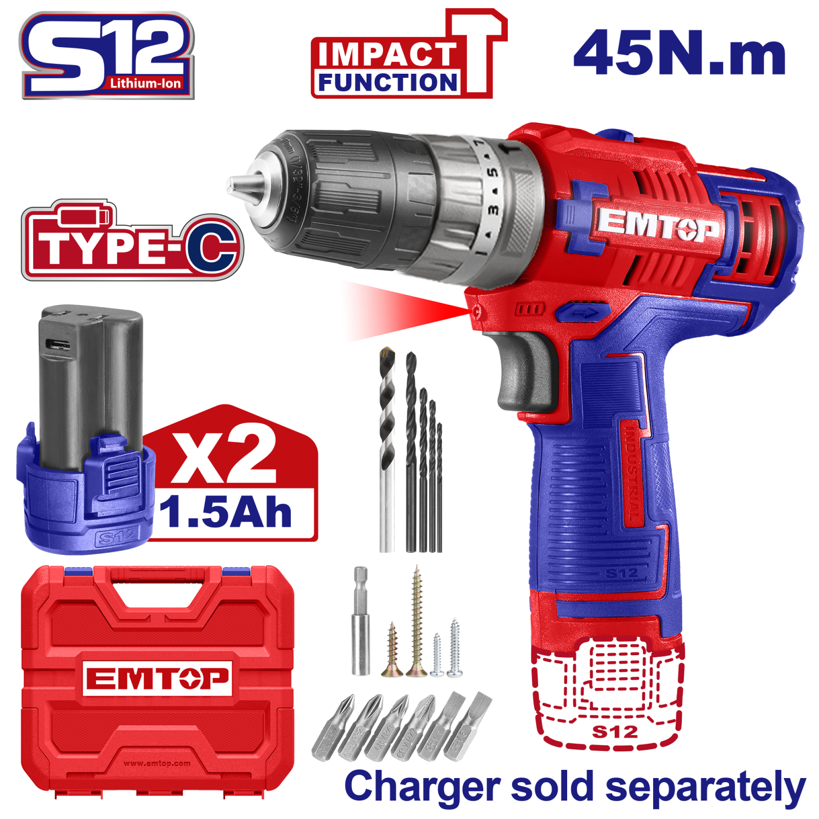Masina de gaurit si insurubat cu impact, cu 2 baterii 1.5Ah, incarcare prin cablu tip C, 45Nm, 50 accesorii, cutie de transport, fara incarcator, EMTOP ECiDL12620 1 MTXValve Masina de gaurit si insurubat cu impact, cu 2 baterii 1.5Ah, incarcare prin cablu tip C, 45Nm, 50 accesorii, cutie de transport, fara incarcator, EMTOP ECiDL12620