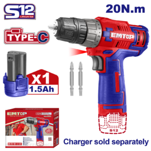 Masina de gaurit si insurubat cu impact, cu 1 baterie 1.5Ah, incarcare prin cablu tip C, 20Nm, fara incarcator, EMTOP ECDL12510