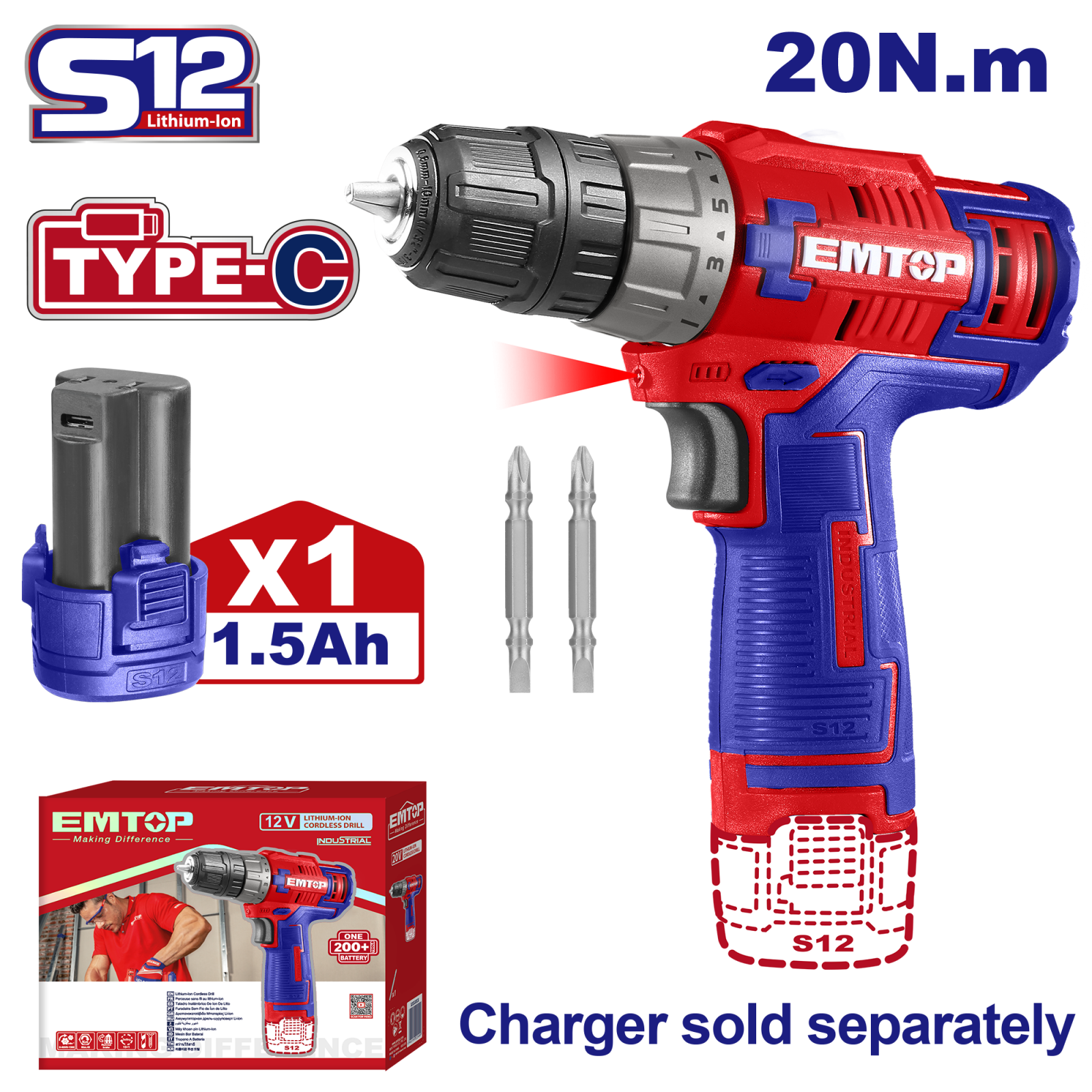 Masina de gaurit si insurubat cu impact, cu 1 baterie 1.5Ah, incarcare prin cablu tip C, 20Nm, fara incarcator, EMTOP ECDL12510 1 MTXValve Masina de gaurit si insurubat cu impact, cu 1 baterie 1.5Ah, incarcare prin cablu tip C, 20Nm, fara incarcator, EMTOP ECDL12510
