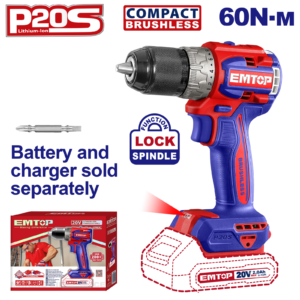 Masina de gaurit si insurubat fara incarcator si acumulator, motor fara perii (brushless), 60Nm, 1/2", EMTOP ECDL206021