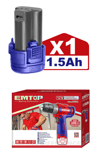 Masina de gaurit si insurubat cu impact, cu 1 baterie 1.5Ah, incarcare prin cablu tip C, 20Nm, fara incarcator, EMTOP ECDL12510 2 MTXValve Masina de gaurit si insurubat cu impact, cu 1 baterie 1.5Ah, incarcare prin cablu tip C, 20Nm, fara incarcator, EMTOP ECDL12510