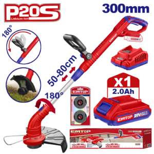 Motocoasa/Trimmer cu 1 acumulator 2.0Ah, maner reglabil, 300mm, EMTOP ELGT203011