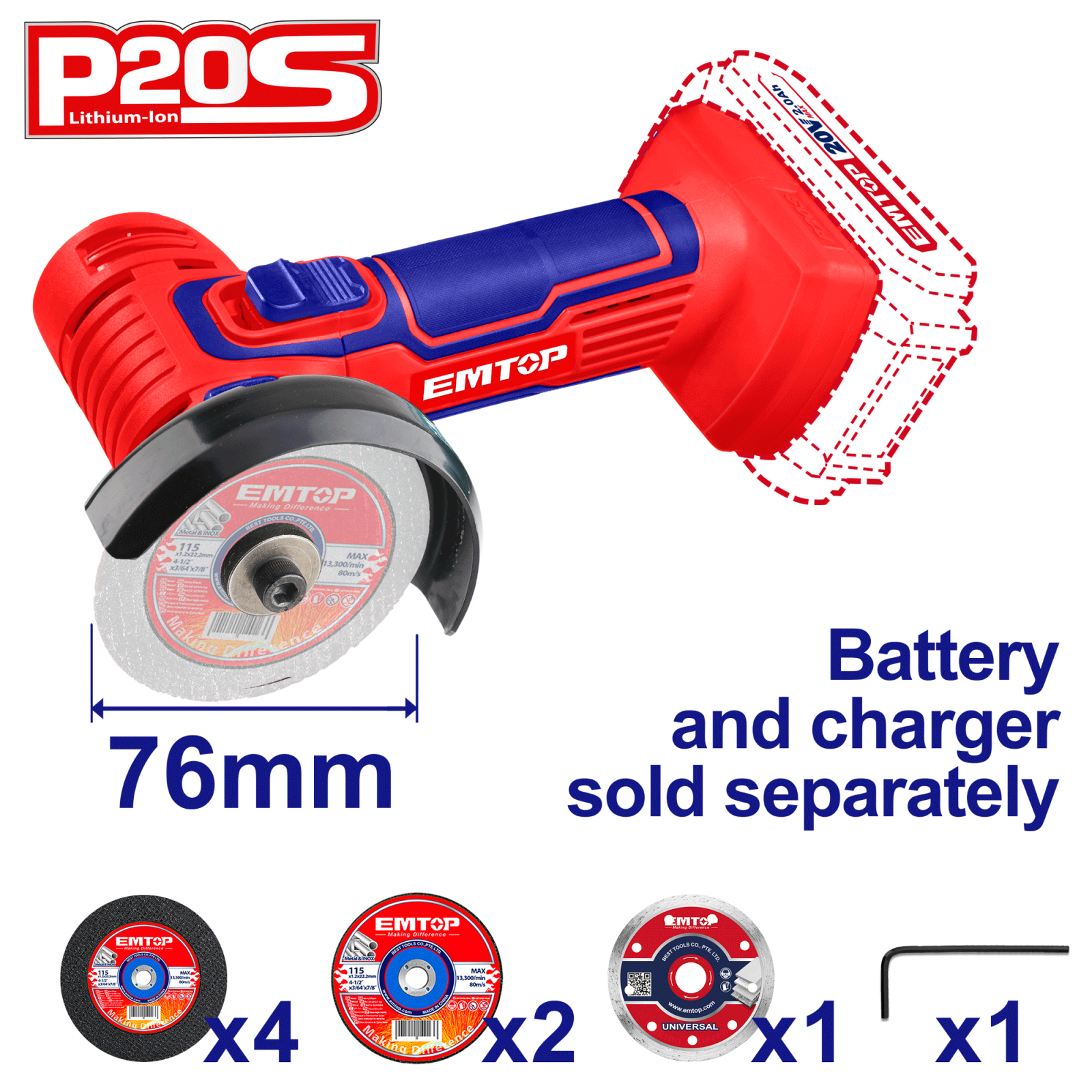 Mini polizor unghiular fara acumulator si incarcator, 76mm, 7 discuri incluse, EMTOP ELAG7601 1 MTXValve Mini polizor unghiular fara acumulator si incarcator, 76mm, 7 discuri incluse, EMTOP ELAG7601