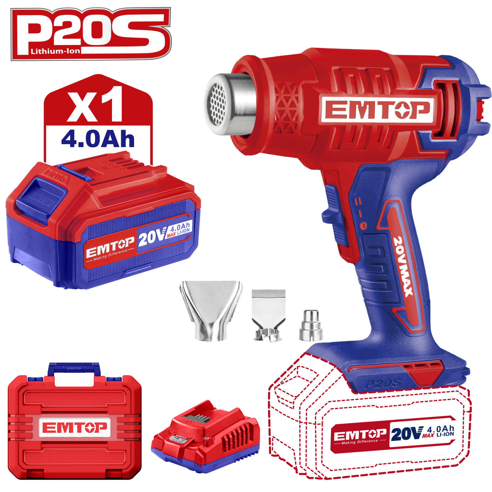 Suflanta aer cald (feon) cu 1 acumulator 4.0AH, cutie transport, EMTOP EHGN200215 1 MTXValve Suflanta aer cald (feon) cu 1 acumulator 4.0AH, cutie transport, EMTOP EHGN200215