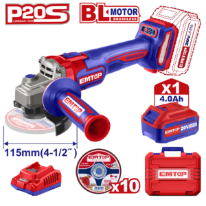 Polizor unghiular cu 1 acumulator 4.0Ah, motor fara perii (brushless), 115mm, 10 discuri incluse, EMTOP ELAG211541