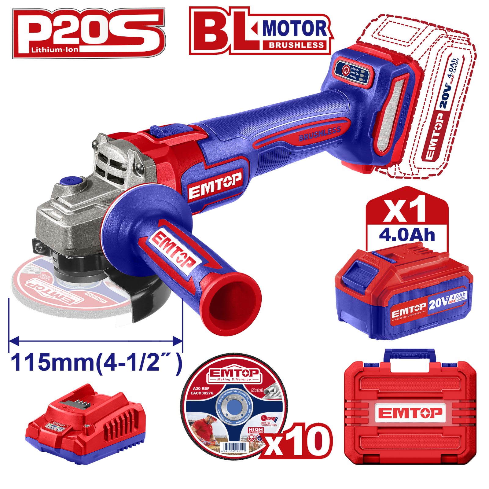 Polizor unghiular cu 1 acumulator 4.0Ah, motor fara perii (brushless), 115mm, 10 discuri incluse, EMTOP ELAG211541 1 MTXValve Polizor unghiular cu 1 acumulator 4.0Ah, motor fara perii (brushless), 115mm, 10 discuri incluse, EMTOP ELAG211541