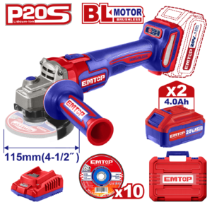 Polizor unghiular cu 2 acumulatori 4.0Ah, motor fara perii (brushless), 115mm, 10 discuri incluse, EMTOP ELAG211542