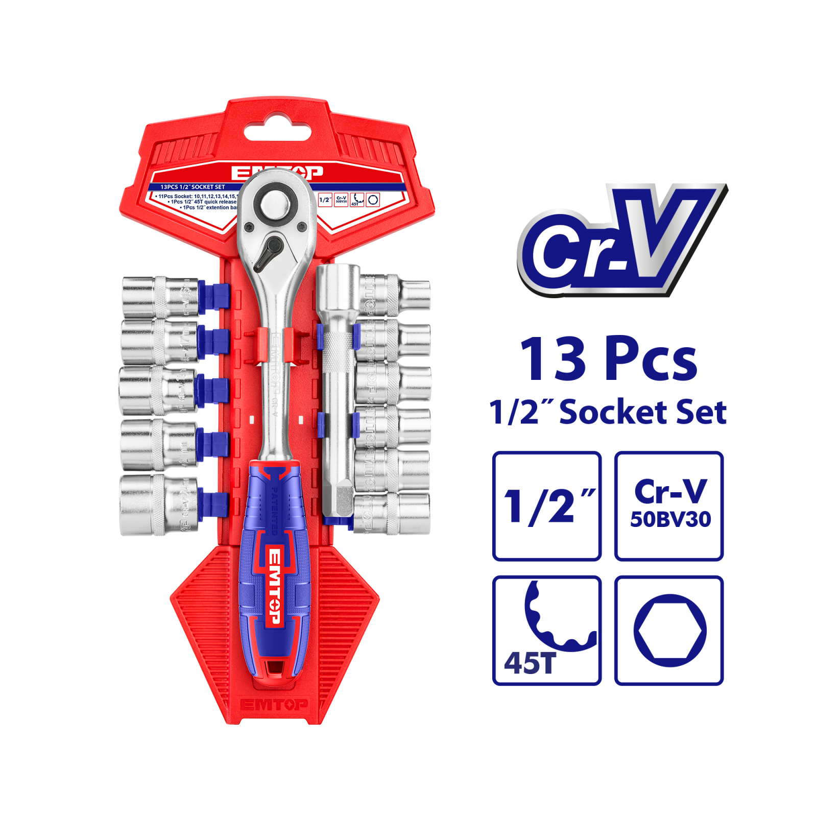 Set tubulare cu clichet 1/2″ 13 buc, EMTOP ESKT12131 1 MTXValve Set tubulare cu clichet 1/2" 13 buc, EMTOP ESKT12131