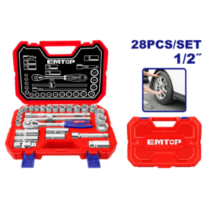 Set tubulare cu clichet 1/2" 28 buc, cutie de transport, EMTOP ESKT12281