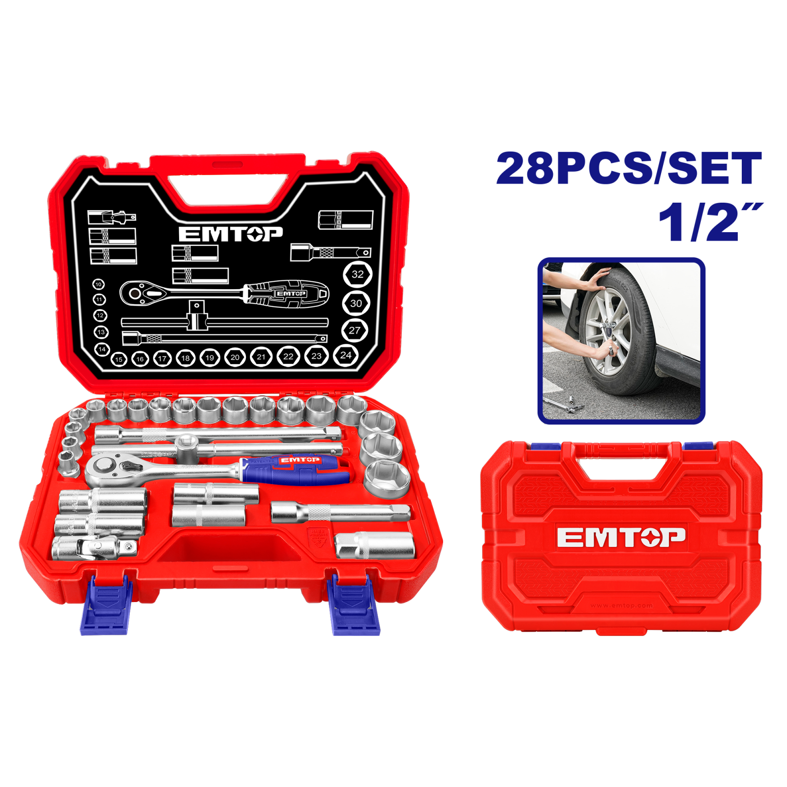 Set tubulare cu clichet 1/2″ 28 buc, cutie de transport, EMTOP ESKT12281 1 MTXValve Set tubulare cu clichet 1/2" 28 buc, cutie de transport, EMTOP ESKT12281