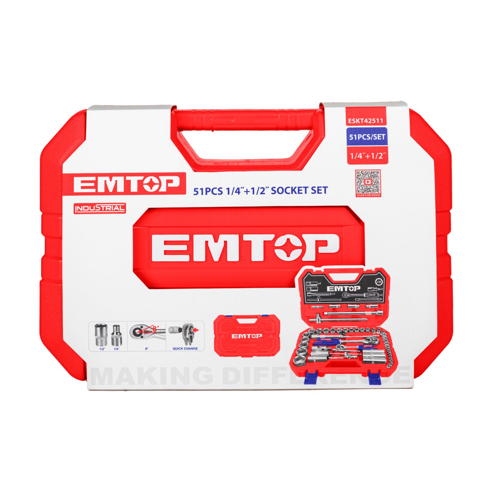 Trusa de scule si accesorii 1/4″ + 1/2″, 51 componente, cutie de transport, EMTOP ESKT42511 4 MTXValve Trusa de scule si accesorii 1/4" + 1/2", 51 componente, cutie de transport, EMTOP ESKT42511