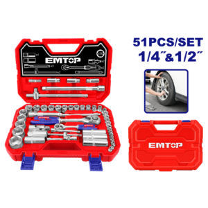 Trusa de scule si accesorii 1/4" + 1/2", 51 componente, cutie de transport, EMTOP ESKT42511