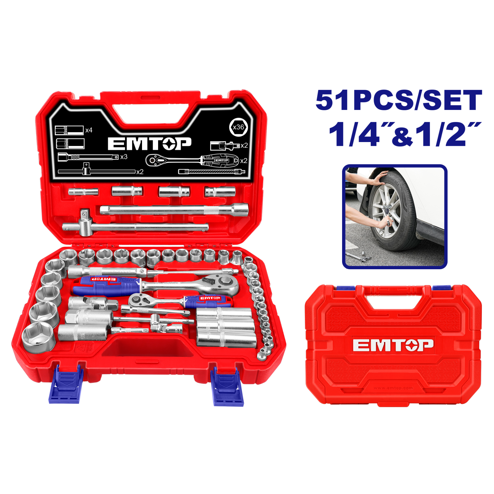 Trusa de scule si accesorii 1/4″ + 1/2″, 51 componente, cutie de transport, EMTOP ESKT42511 1 MTXValve Trusa de scule si accesorii 1/4" + 1/2", 51 componente, cutie de transport, EMTOP ESKT42511