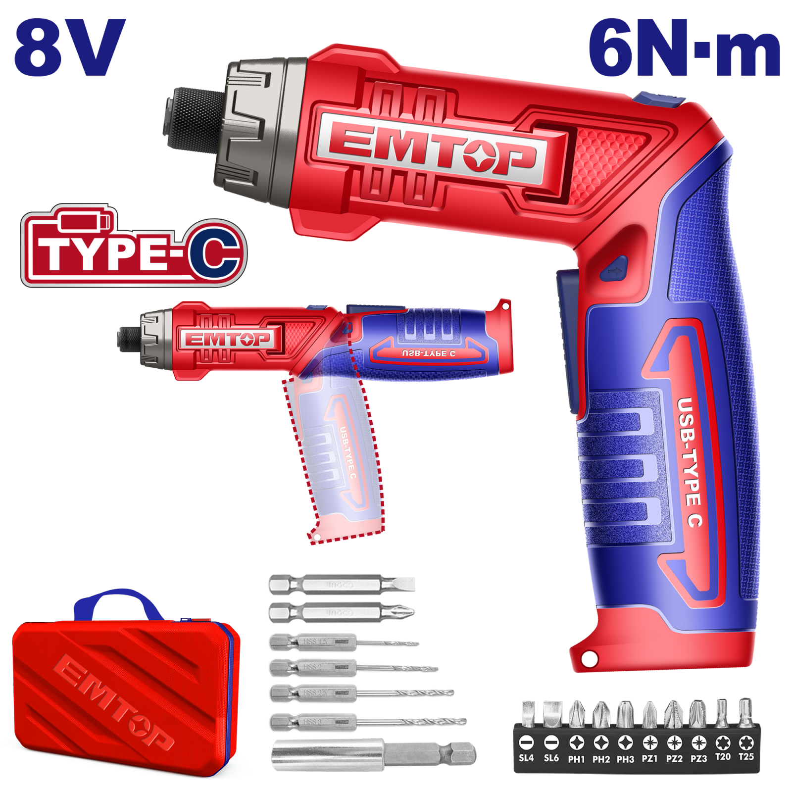 Surubelnita cu incarcare prin cablu USB, 8V, 6Nm, maner reglabil, 17 accesorii, geanta inclusa, EMTOP ECSR0803 7 MTXValve Surubelnita cu incarcare prin cablu USB, 8V, 6Nm, maner reglabil, 17 accesorii, geanta inclusa, EMTOP ECSR0803
