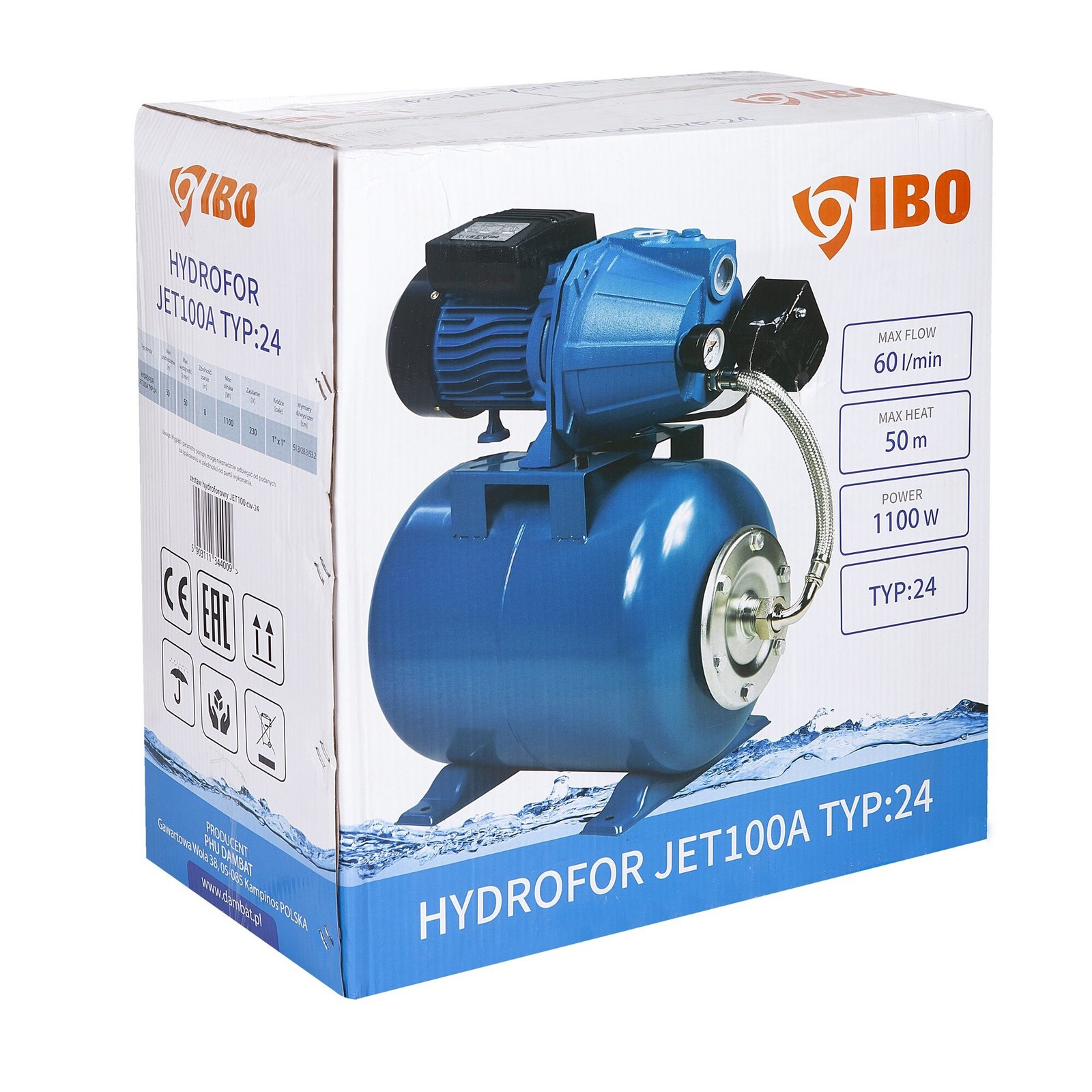 Hidrofor IBO Dambat JET100A(a), 1.1kW, debit 60l/min, H refulare 50m, Vas 24l, racordare 1 tol JET100A(a)24L 6 MTXValve Hidrofor IBO Dambat JET100A(a), 1.1kW, debit 60l/min, H refulare 50m, Vas 24l, racordare 1 tol JET100A(a)24L